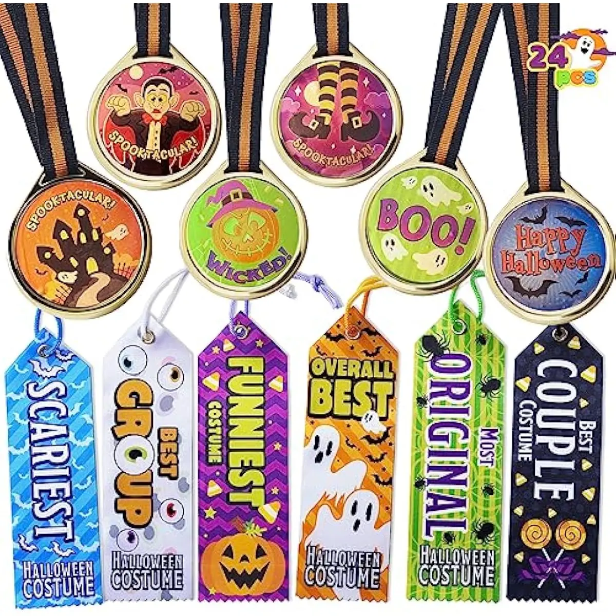 24 PCS Halloween Medals Trophies with Ribbons for Kids Children Party Award Celebration and Spooky Contest Rewards, Halloween Party Favors Supplies for Carnival Game Prizes