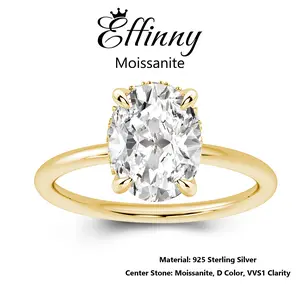 Effinny Jewelry 2.0ct Synthetic Moissanite Oval Cut Solitaire Golden Plated Engagement Ring, 925 Sterling Silver Women's Ring for Daily, Wedding, Party