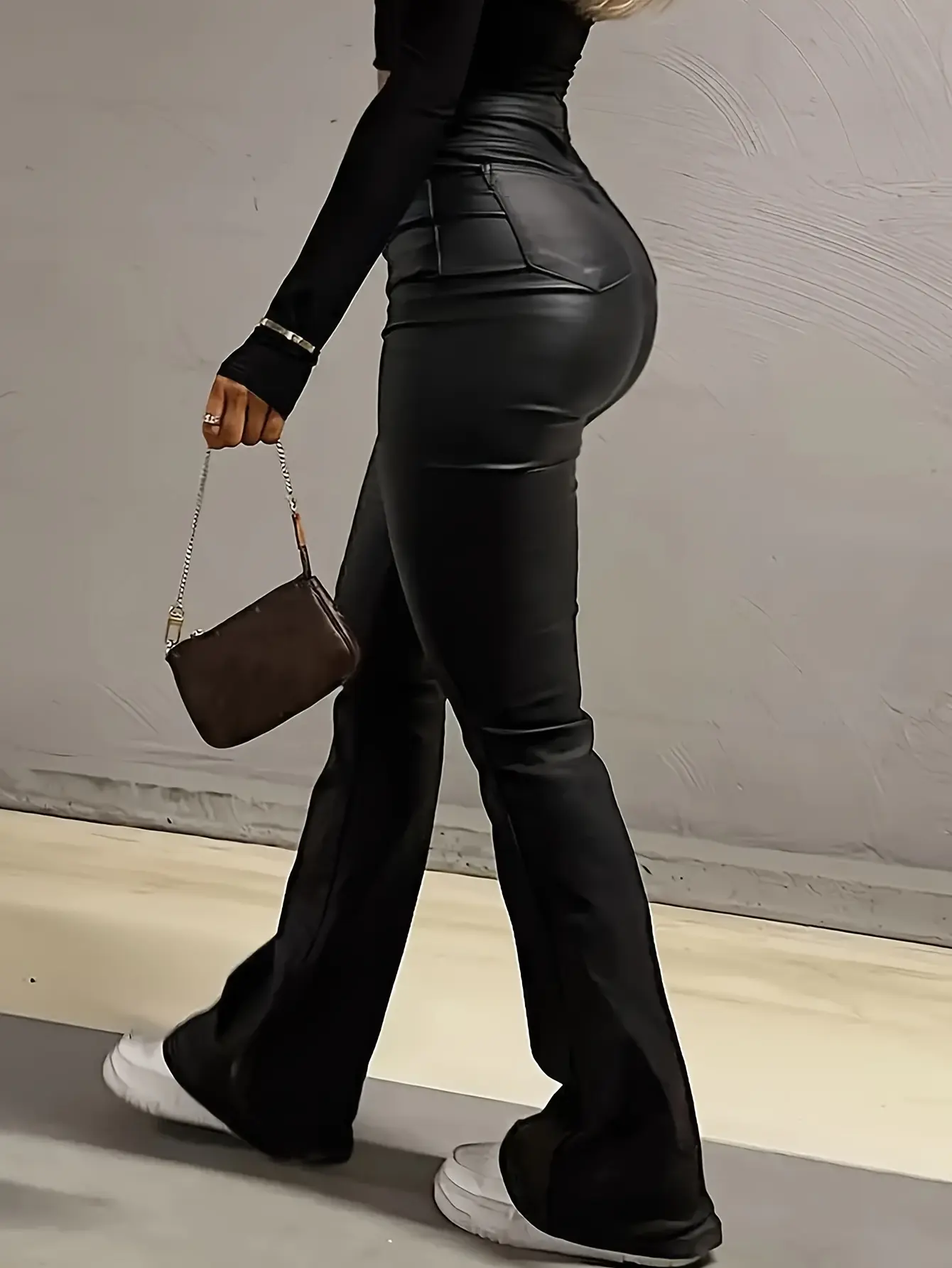 Women's Solid Pocket Flare Leg PU Leather Pants,Casual Comfy  high Waist Trousers For Daily Outdoor wear, Ladies Bottoms For all seasons