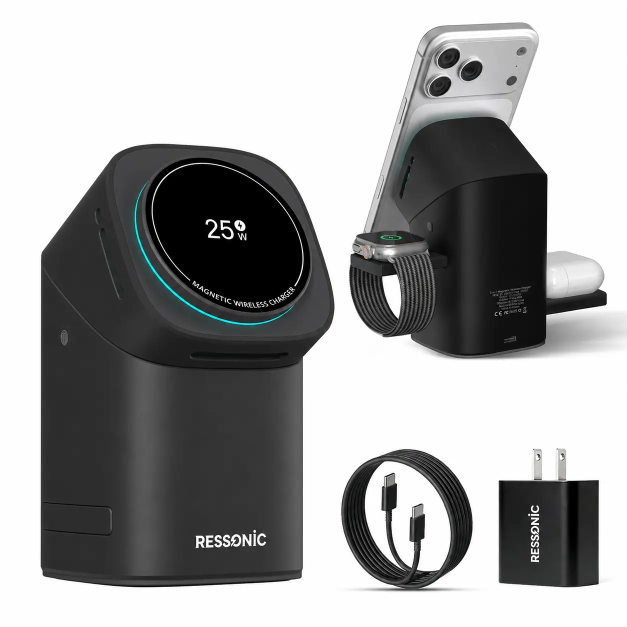 3 in 1 Wireless Charging Station for Apple & Samsung, Wireless Charger Qi 2 Certified 25W Fast Magnetic Charger Stand with 45W Adapter for Magsafe iPhone 17/16/15/14/13/12 Pro Max, AirPods, Apple & Galaxy Watch