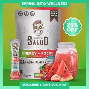 Salud 2-in-1 Energy Drink Powder + Focus – Fresandía Flavor – with Organic Caffeine, B6 & B12, L-Theanine & Threonine - 200mg & 350mg, 350 Servings (15), Vegan & Gluten Free - Healthcare, Dietary