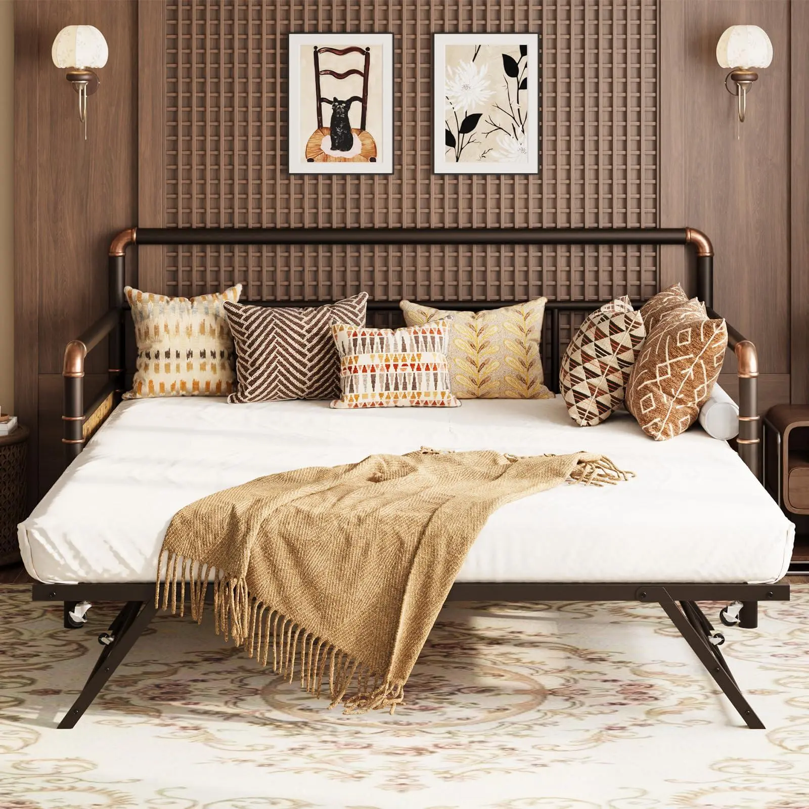 Gaomon Industrial Bed Frame - Twin Size Convertible Sofa Daybed with Wood Grain Finish, Heavy-Duty Metal Frame, Pull-Out Pop-Up Trundle, Steel Slats Support, 73.6 in L x 38.9 in W x 12.6 in, Easy Assembly for Kids (Assembly Required)