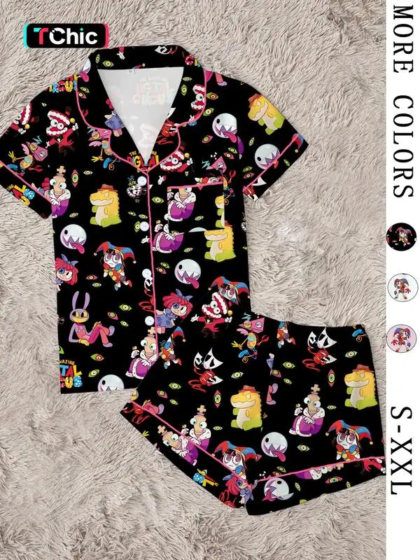 Cute Circus Character Pajama Set, Funny Monster Print Sleepwear, Women's Button Up Short Sleeve Lounge Set, Soft Summer Nightwear