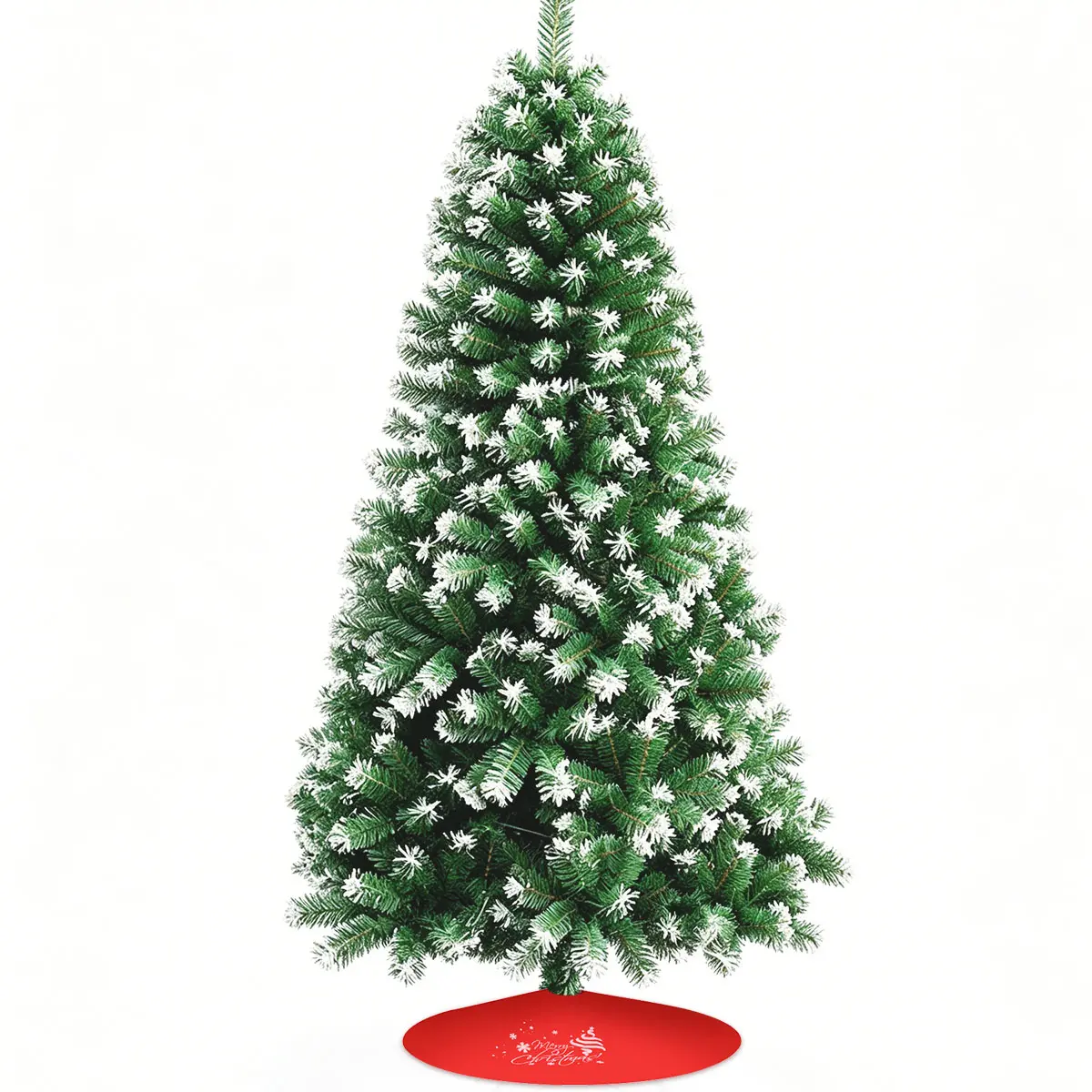 7FT/8FT Snow Flocked Artificial Christmas Tree with Red Tree Skirt, Full Snow Tipped Xmas Tree with Metal Stand, Easy Assembly Fireproof Pine Tree for Home Holiday Decor