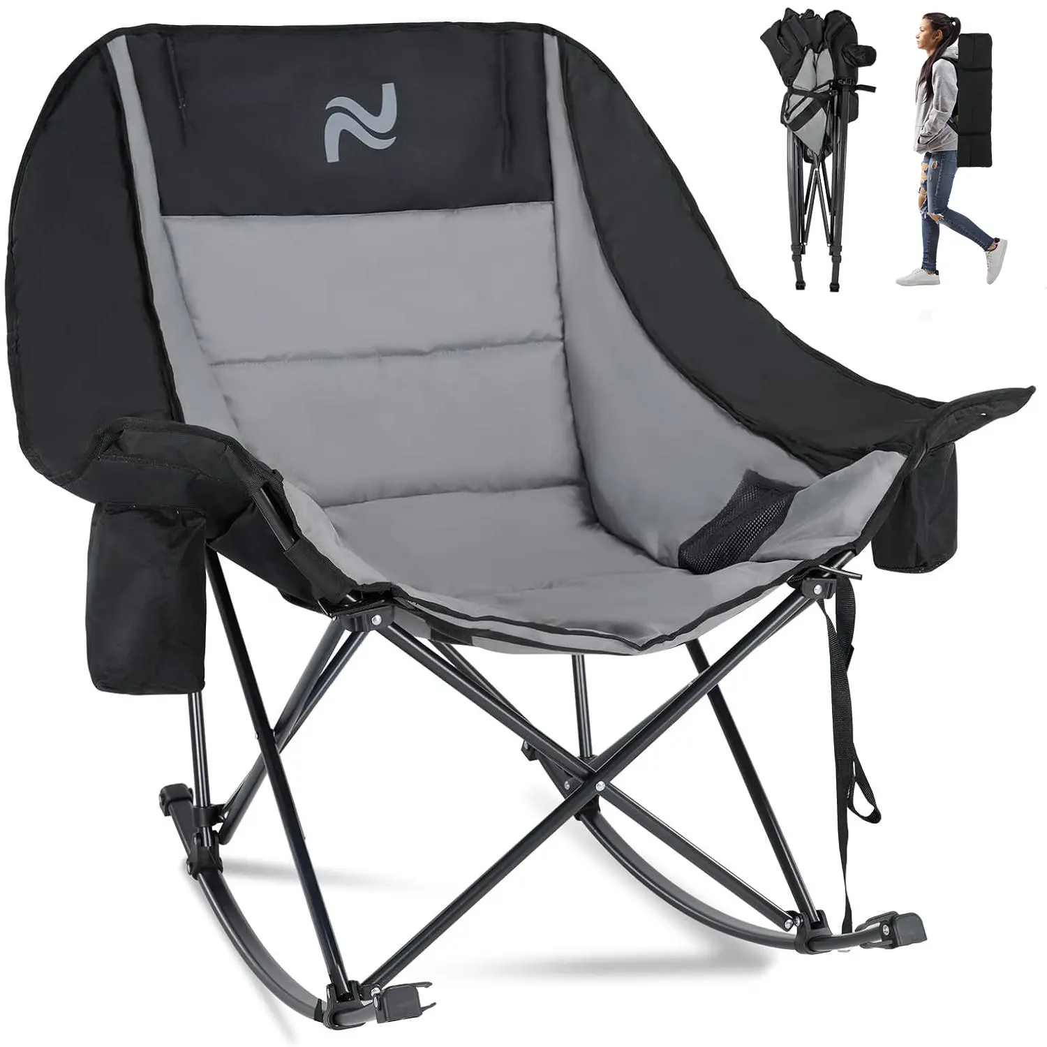 ABORON XXL Oversized Rocking Camping Chair - Folding Outdoor Chair with Oxford Fabric, Fully Padded, Built-in Cooler, Side Pocket & Phone Holder, 400 lbs Capacity, for Balcony & Camping Equipment, Unisex
