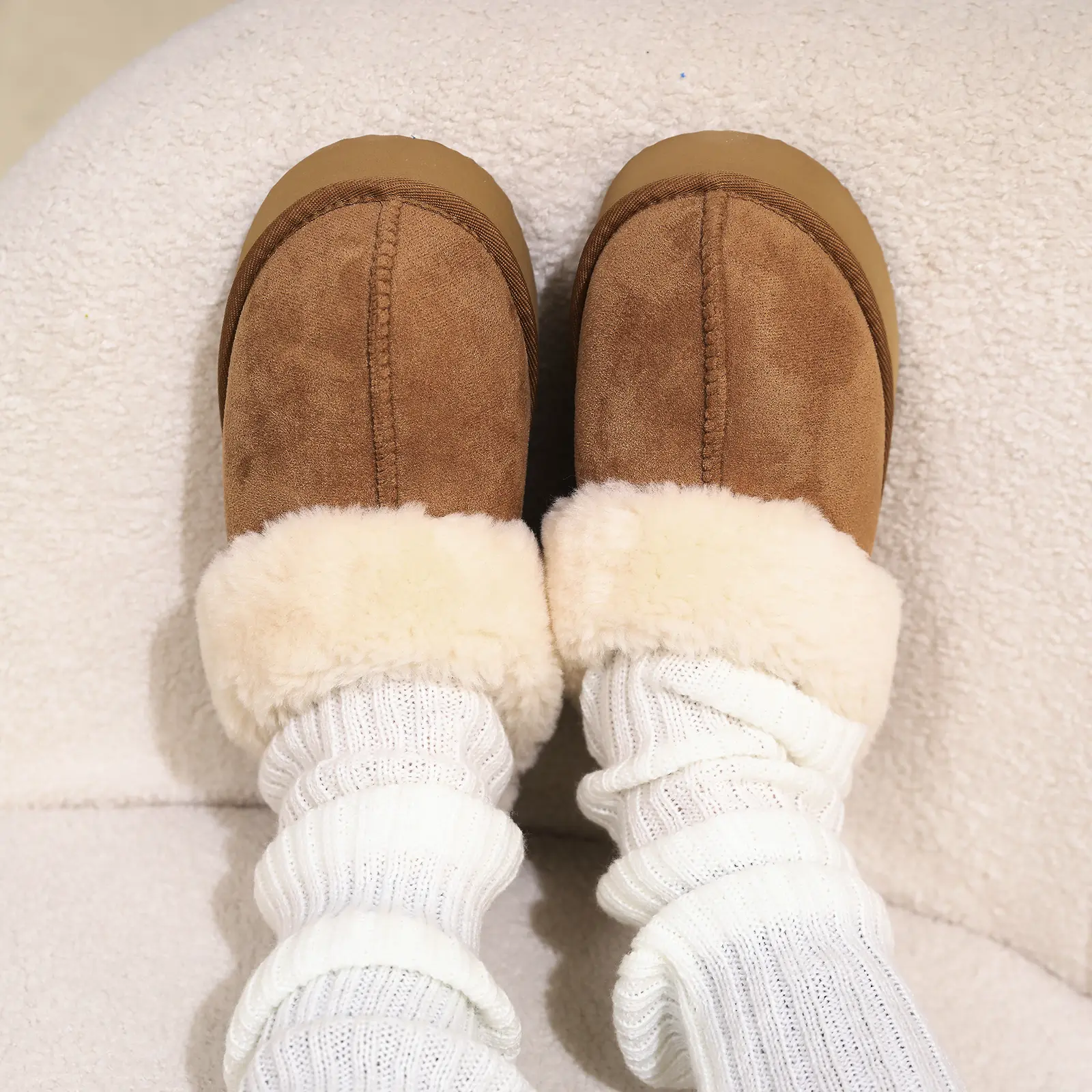 OOW Women Fuzzy Platform Slippers - Women's Casual Winter House Slippers - Brown, Faux Fur & Shearling Blend - Women's Size