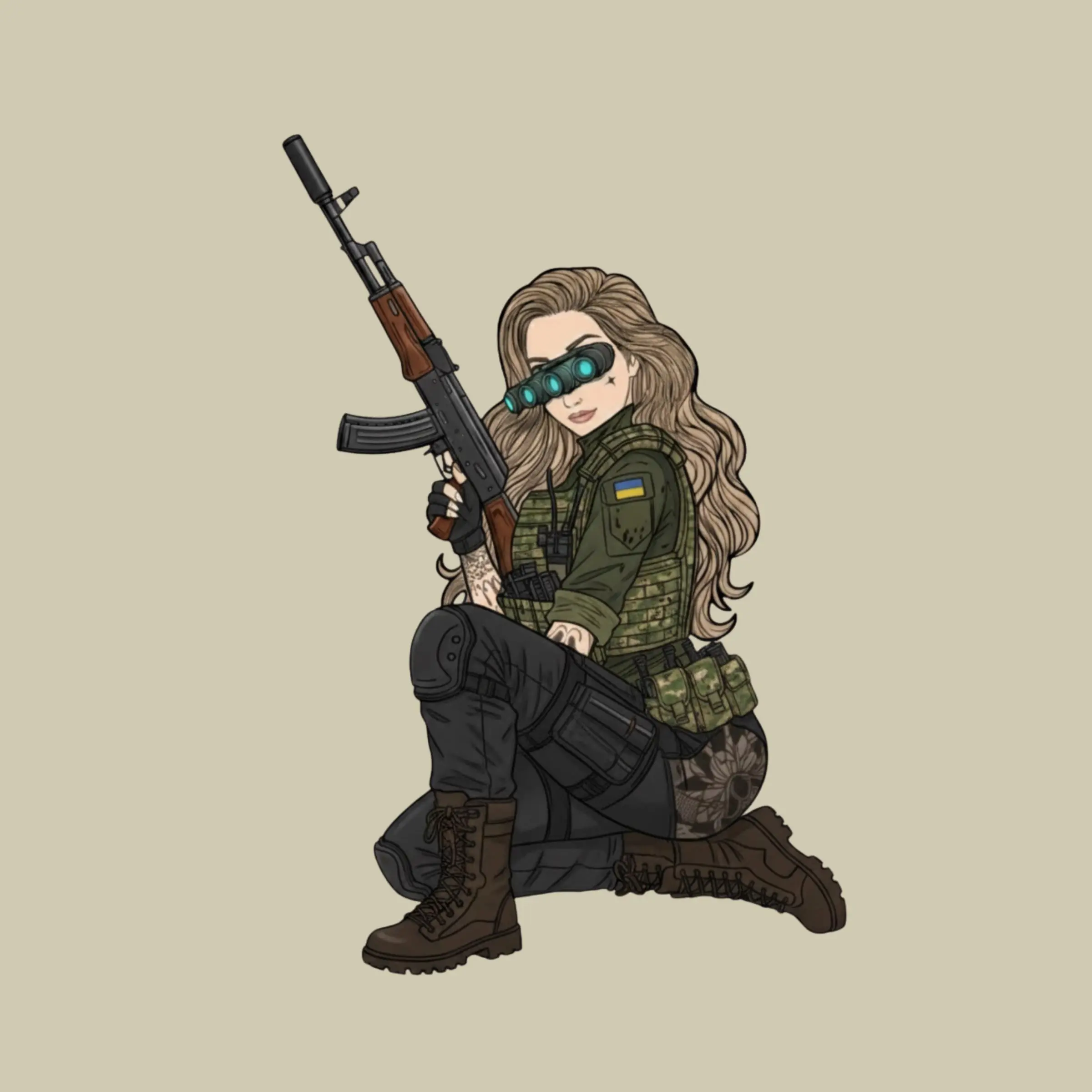 Tactical Girl Night Vision Sticker, Female Soldier with Rifle, Dark Military Aesthetic Art