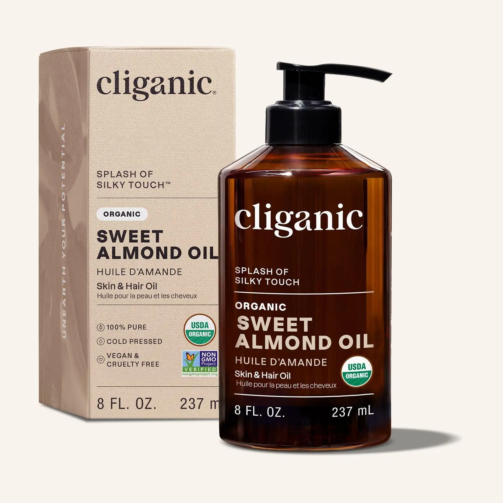 Cliganic Organic Sweet Almond Oil, 100% Pure (8oz) - for Skin & Hair, Nourishing Carrier Oil for Face & Body