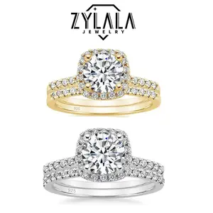 [245-1CT&Round Band] 1CT Synthetic Moissanite Square Ring + Eternity-band Set Square Halo Design 925 Sterling Silver Promise Ring Engagement Wedding Gift