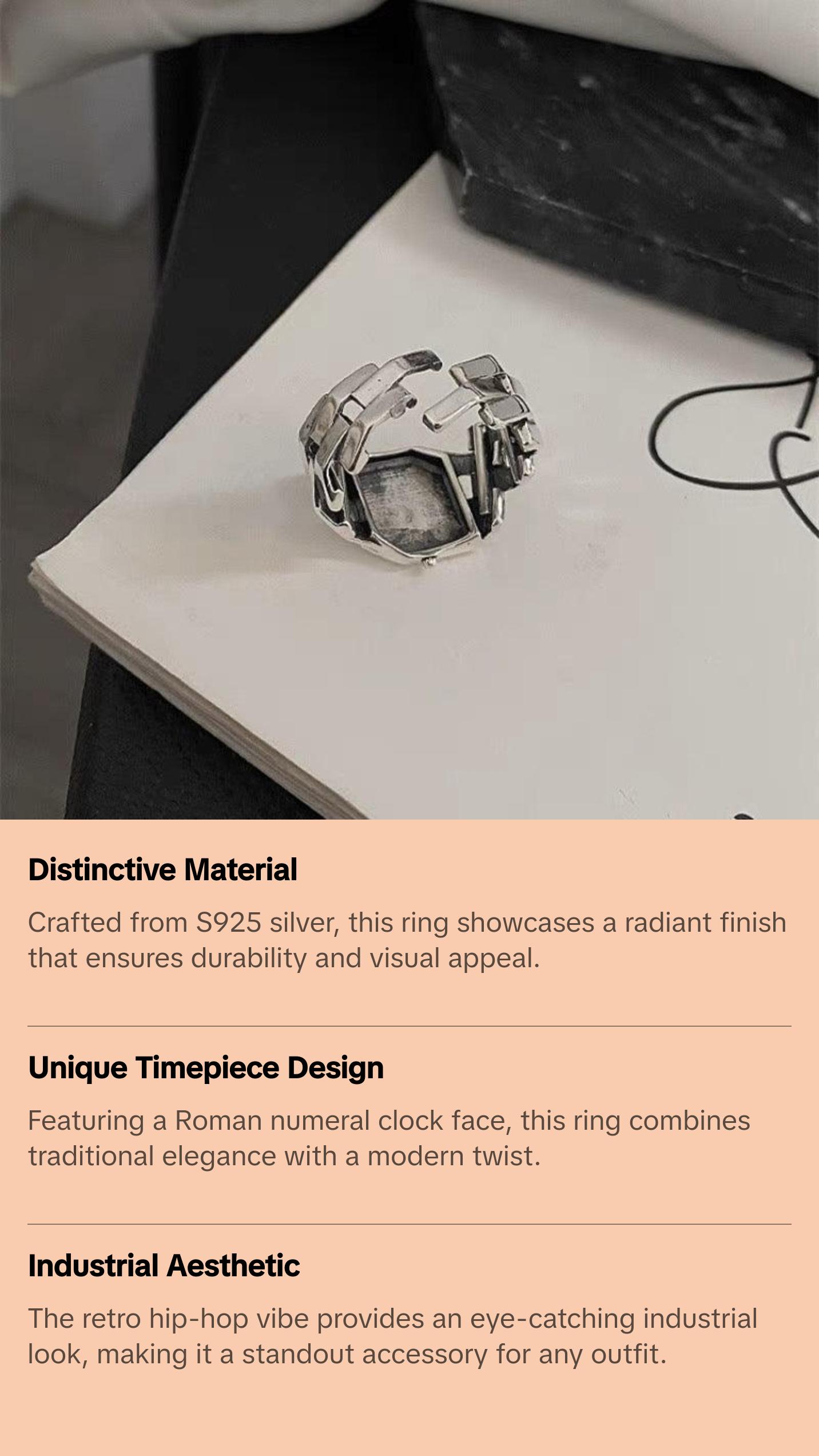 925 Silver Roman Numeral Clock Ring with Silver Band