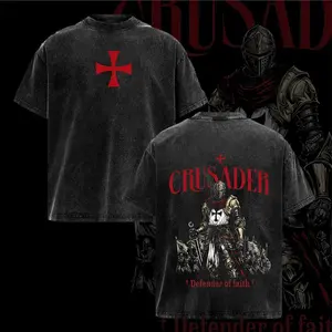 Crusader T-Shirt – Defender of Faith Vintage Washed Oversized T-Shirt, 2 Timothy 1:7 Scripture Knight Graphic Tee, Heavy Cotton Medieval Christian Streetwear Top, Unisex Dark Gothic Warrior Shirt