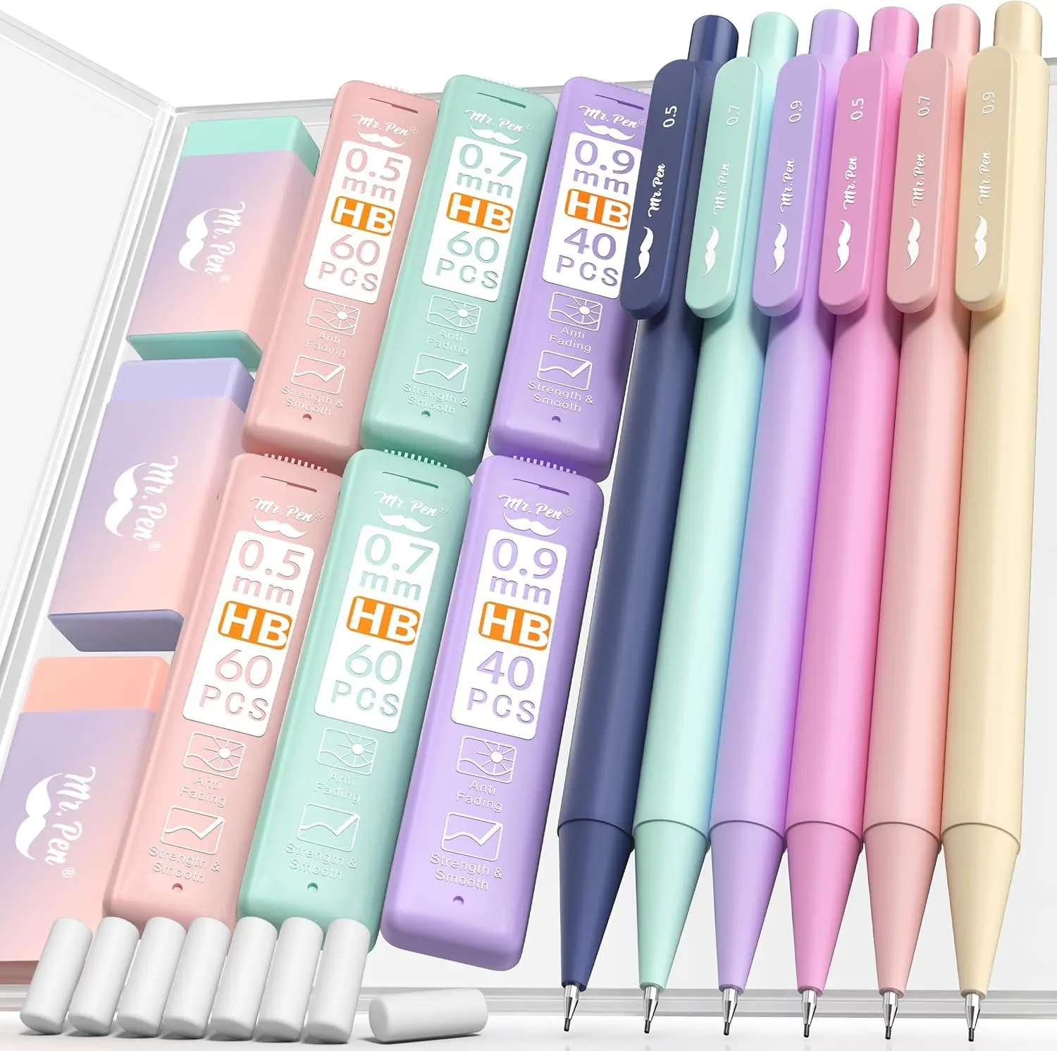 Mr. Pen Pastel Mechanical Pencil Set - Drawing Supplies, Art Sketching Tool, Study Aid, Writing Stationery, Stationery Supplies for Students & Artists - 6 Assorted (0.5, 0.7, 0.9mm) Pencils, Lead Refills, Erasers, Aesthetic Design, Art Materials, Creative