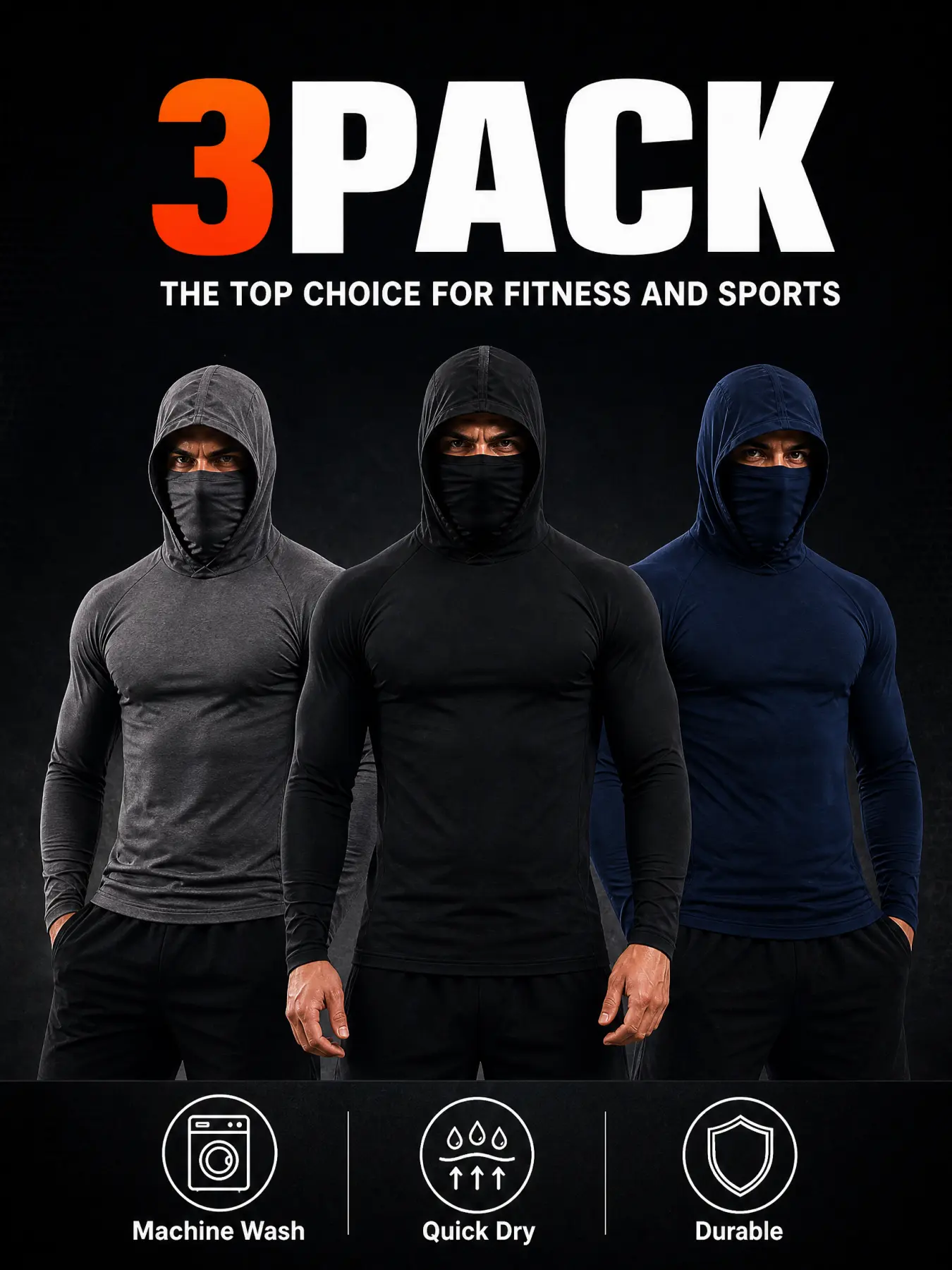 Easy Maintenance 6 Pack Men Sweat Wicking Workout Hooded Tops with Face Shield