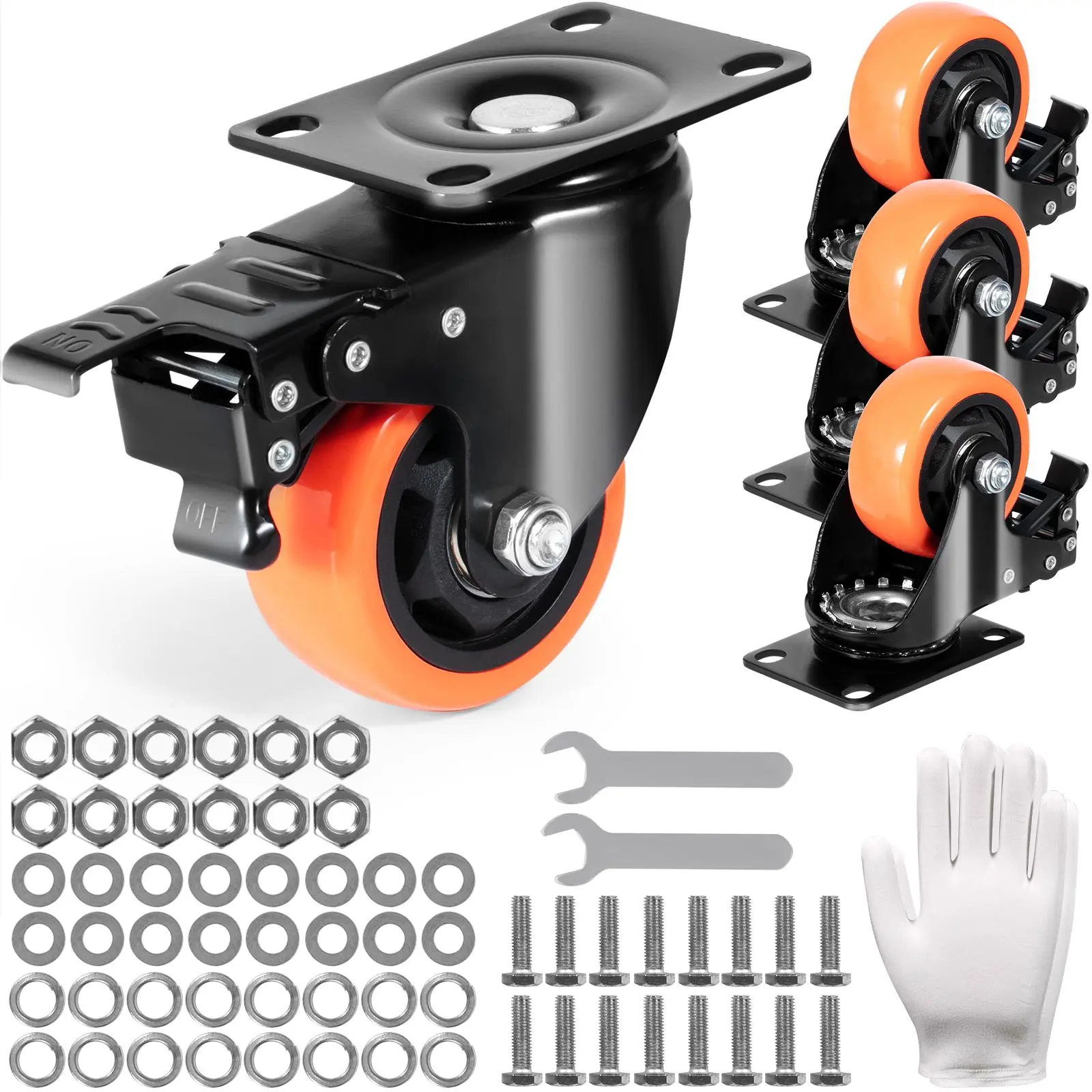 【SummerFinds】VEVOR Caster Wheels,  3-inch Swivel Plate Casters, Set of 4, with Security A/B Locking No Noise PVC Wheels, Heavy Duty 250 lbs Load Capacity Per Caster, Non-Marking Wheels for Cart Furniture Workbench