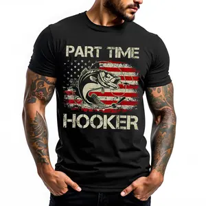 [100% Cotton] Vintage American Flag Fishing Hook Part Time Hooker T-Shirt With Jumping Fish Design