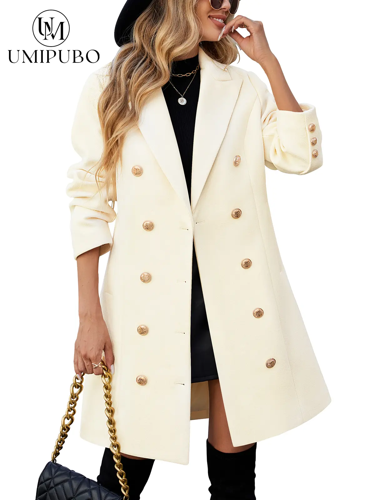 UMIPUBO Women's Soft Comfortable Fall Winter Trendy Long Sleeve Outerwear, Double Breasted Midi Trench Peacoat with Notched Lapel - Elegant Work & Casual Jacket, Elegance, Pockets