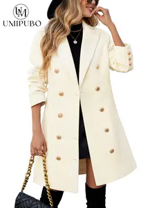 UMIPUBO Women's Fall Winter Trendy Coat Double Breasted Midi Trench Peacoat with Notched Lapel-Elegant Long Jacket for Work and Casual Wear