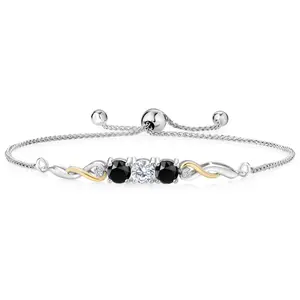 Gem Stone King Two-Tone Gemstone Birthstone and Black Onyx and Accent Lab Grown Diamond Infinity Tennis Bracelet For Women In 925 Silver and 10K Yellow Gold | Round 5MM and 1.3MM | Fully Adjustable Up to 9 Inch
