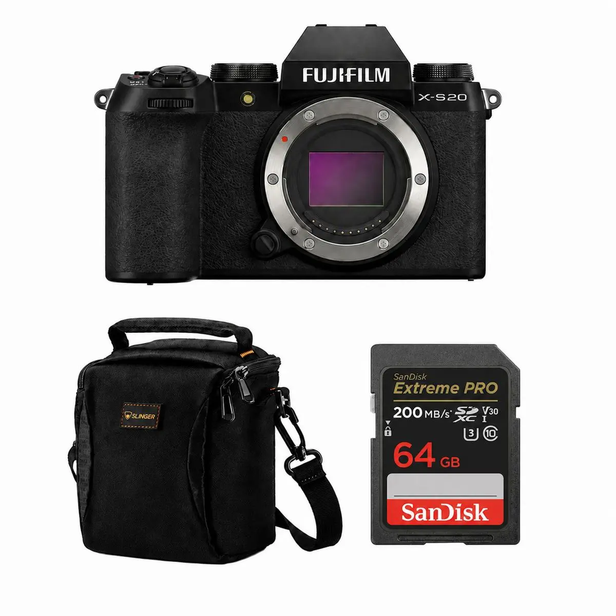 Fujifilm X-S20 Compact Mirrorless Camera (Black) - Bundle with 64GB SDXC UHS-II Memory Card, Shoulder Bag, Wi-Fi/NFC Enabled Tripod