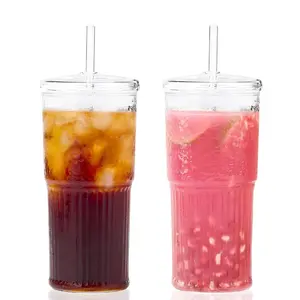 Glass Cups with Lids and Straws, 20oz Glass Cups Drinking Jar, Clear Iced Coffee Cups, Vintage Ripple Glass Tumbler for Water Coffee Tea, Clear, 2Pcs