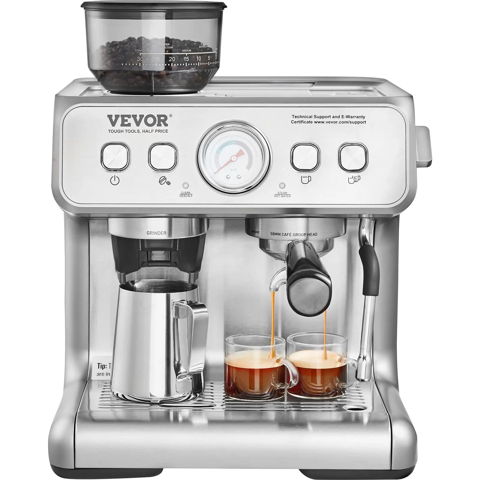 【Backtoschool】VEVOR Espresso Machine with Grinder, 15 Bar Semi-Automatic Espresso Coffee Maker with Milk Frother Steam Wand, Removable Water Tank & Pressure Gauge for Cappuccino, Latte, Machiato, PID Control System