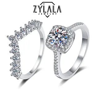 [178] 0.5/1.0/2.0ct Luxurious Square Synthetic Moissanite Ring + Synthetic Moissanite V Band 925 Sterling Silver Promise Ring Engagement Wedding Jewelry Chrismas Gift