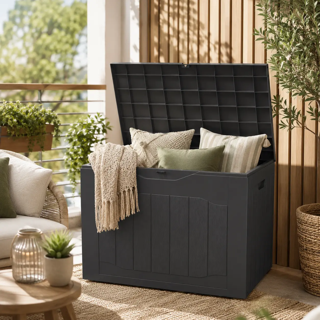 OUTROAD 35 Gallon Patio Storage Box, Lockable Resin Deck Box with Built-In Handles for Outdoor Cushions, Garden Tools & Pool Supplies, Black & Brown