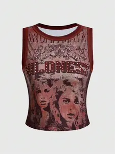 BRANDON Grunge Punk Women's Kpop Y2K Letter & Figure Print Crew Neck Fashionable Camisole