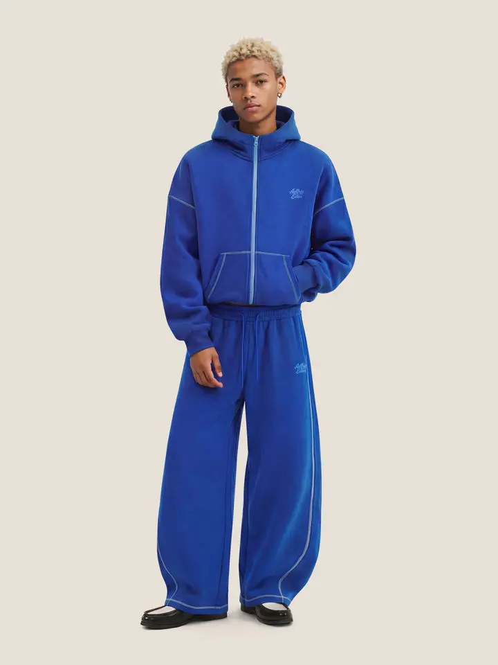 Aelfric Eden Cloud  Sets Contrast Outline Stitch Detail Boxy Zip Up Hoodie + Baggy Barrel Wide Leg Sweatpants Lightweight Breathable Cloud Fabric Casual Sporty Streetwear Unisex Two Piece Outfit