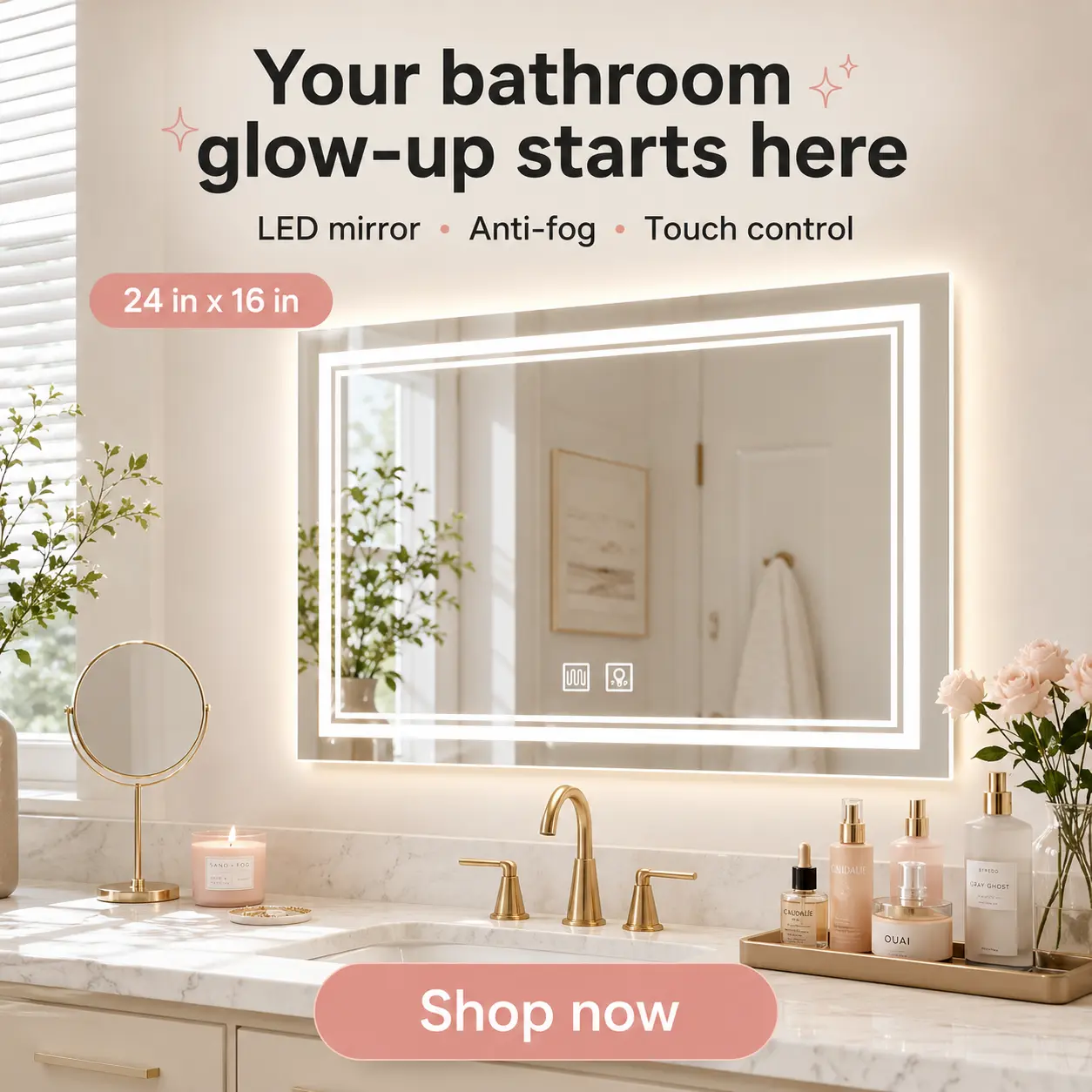 SHAMATE Wall-Mounted Smart LED Glass Bathroom Vanity Mirror, 24x16in Horizontal Rectangular, Dual Touch Control Buttons, Long-Press Brightness Adjustment, Anti-Fog, Polished Light Source, Modern Indoor Fixture for Makeup Users front lit