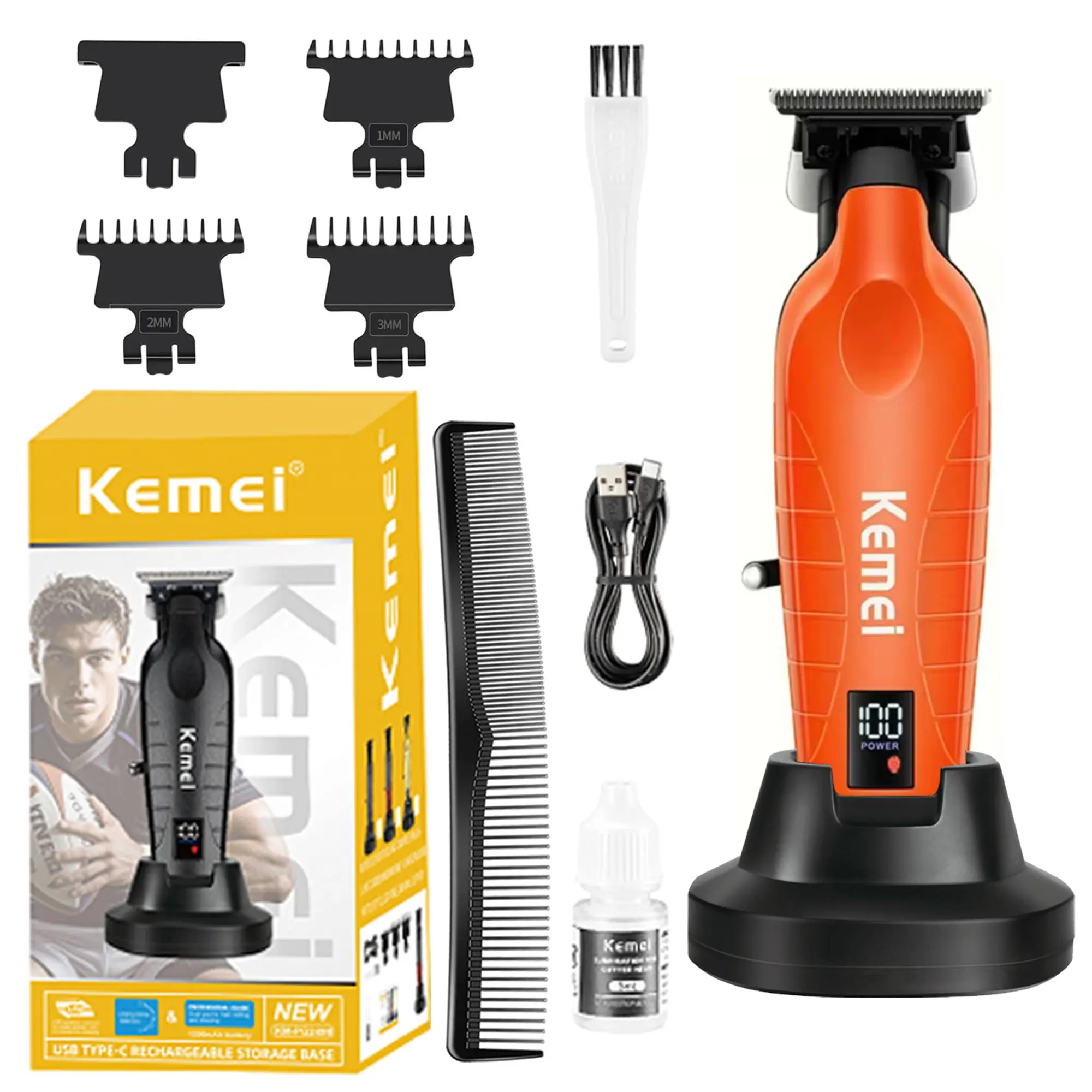 KEMEI Hair/Beard Trimmer for Men, Cordless Professional Hair Clippers for Hair Cutting with LED Display, T-Blade Barber Clippers with Charging Base, KM-PG2499 Orange