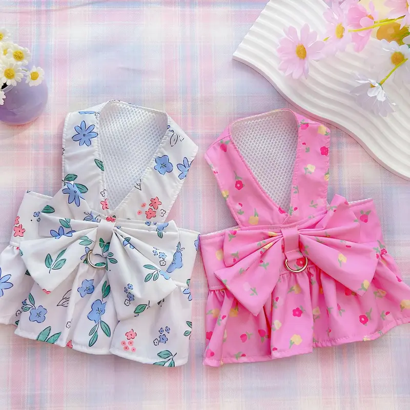 Pet Clothes Dog Cat Dress Vest Bowknot Breathable Summer Lady Style With Leash Ring D00058
