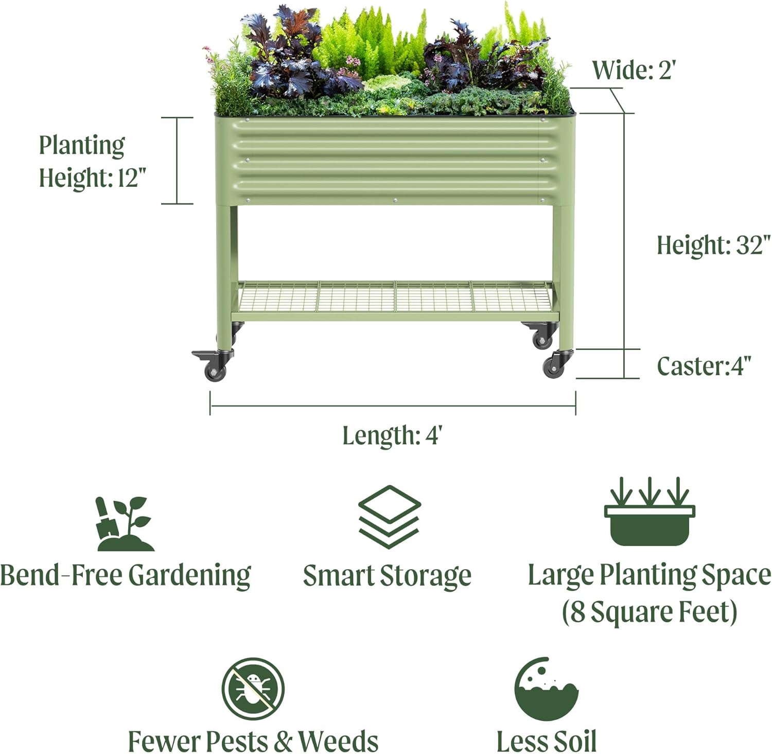Vego Garden Rolling Elevated Raised Garden Bed V Series with Lockable Wheels & Storage Rack for Patio Porch 700 Lbs Capacity Outdoor Planter Box for Vegetables Flowers Herbs Heavy Duty Olive Green