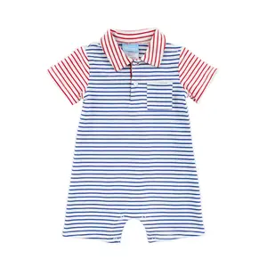 Patriotic Colorblock Polo Romper - Red & Blue Stripe Knit Outfit for Little Boys