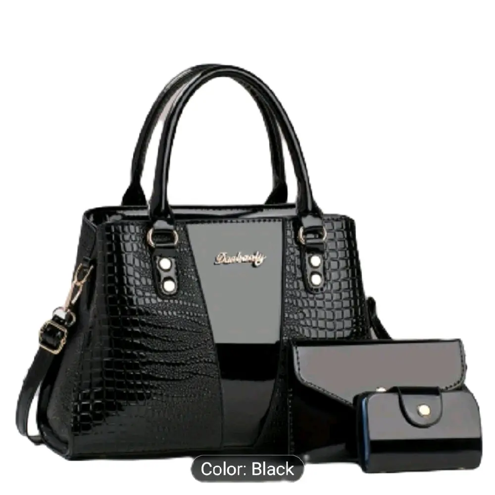 Luxury Black Crocodile Pattern Handbag with Matching Wallet Set for Women