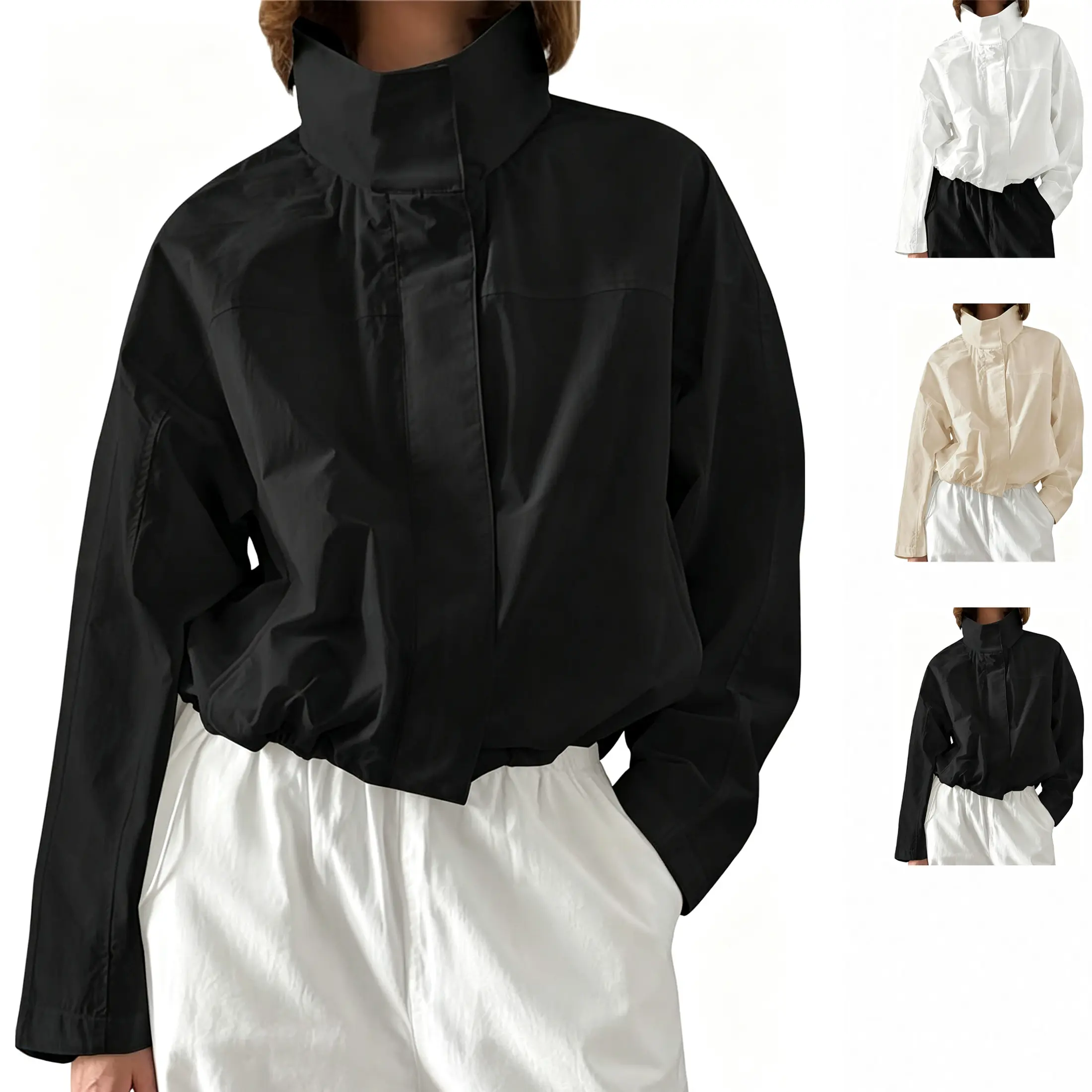Wandal Women's Minimalist Long Sleeve Oversized Cropped High Neck Lightweight Windbreaker, Basic Sun Protection Coats for Spring Fall Casual Outerwear, Short, Tops