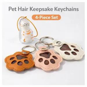 4 PCS Pet Fur Memory Charm Set – 3 Leather Paw Keychains & 1 Clear Hair Capsule, Dog & Cat Keepsake Memorial Gift for Grieving Pet Owners
