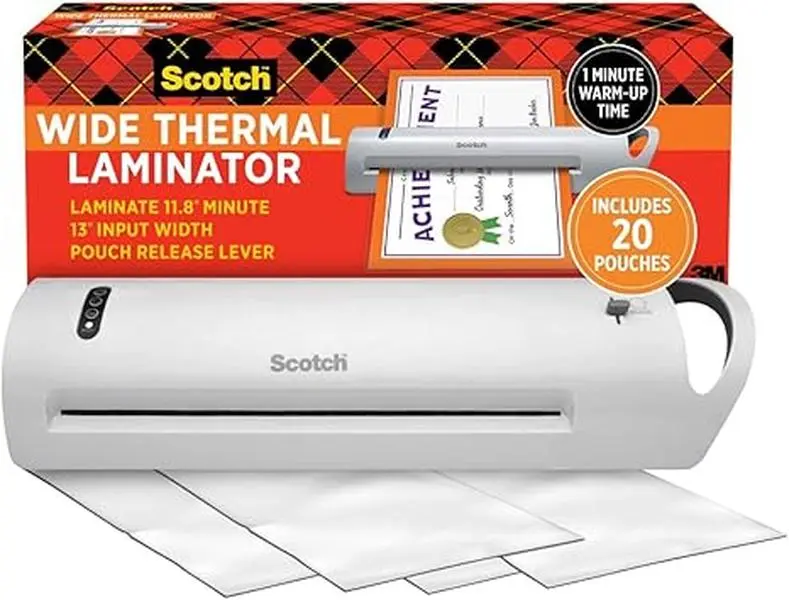 Scotch Advanced Thermal Laminator Combo Pack 13" Wide 20 Sheets Fits Letter Size 1 Minute Warm Up Time Bubble Free Results