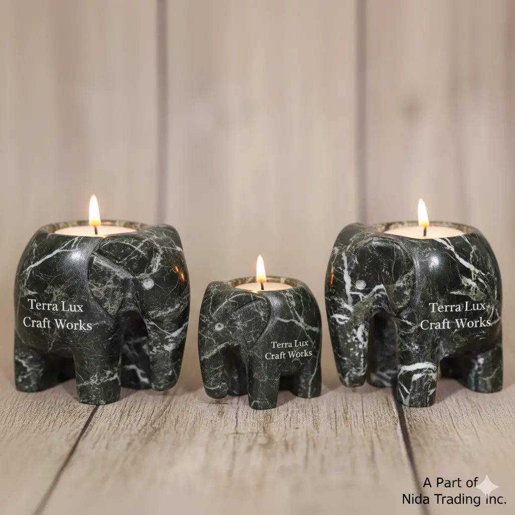 Marble Stone Top Elephant Tea Light Candle Holders with Zebra Accent - 2.5x2.5x3 in Smooth Folk Casual Home Decor Ornaments, Natural Stone Ambient Lighting - Happy Birthday Gifts for Adults, Office Warmers
