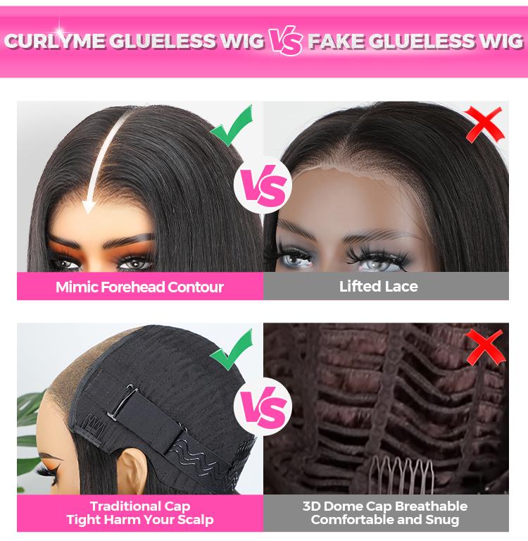 CurlyMe Wear Go Glueless Pre Cut 7x5 HD Straight Bob Human Hair Wigs Pre Bleached Tiny Knots Natural Black 180% Density Medium Cap Size Beginner Friendly