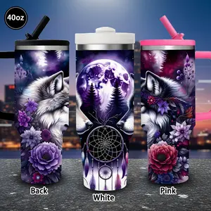 Mystical Night Wolf Dreamcatcher Floral Art Tumbler with Lid & Straw - 40oz Winter Insulated Travel Mug - Unique Gift for Him or Her, Ideal for Valentine’s Day, Birthday Present, Office Coffee Cup