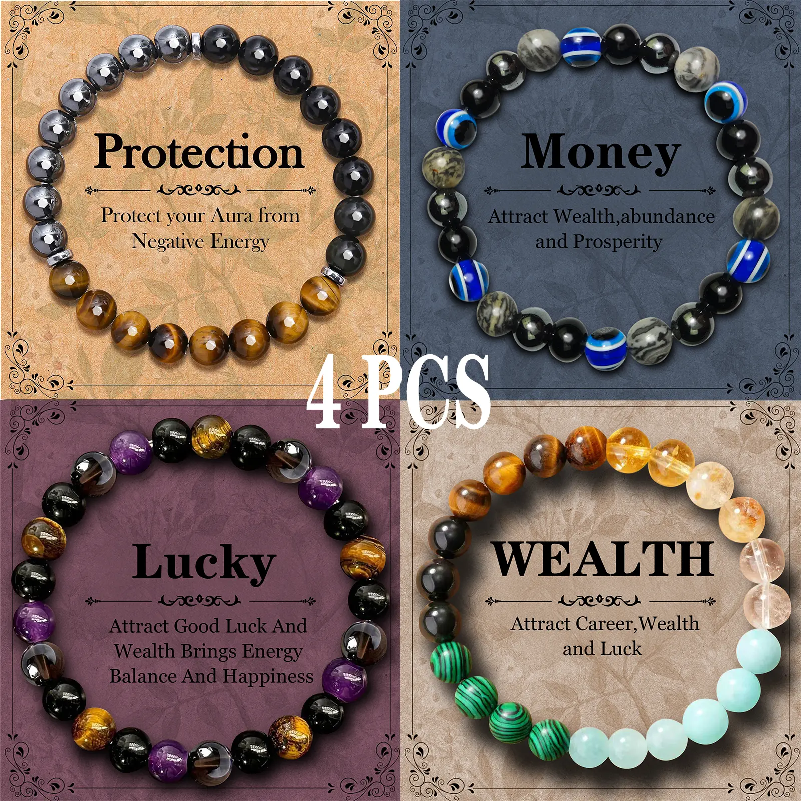 4PCS Exquisite Bohemian Beaded Bracelet - Natural Citrine, Malachite，Natural Tiger Eye & Amethyst Beaded Bracelet, Elastic Protection Crystal Bracelet For Men And Women, Unscented Solid Jewelry Gift