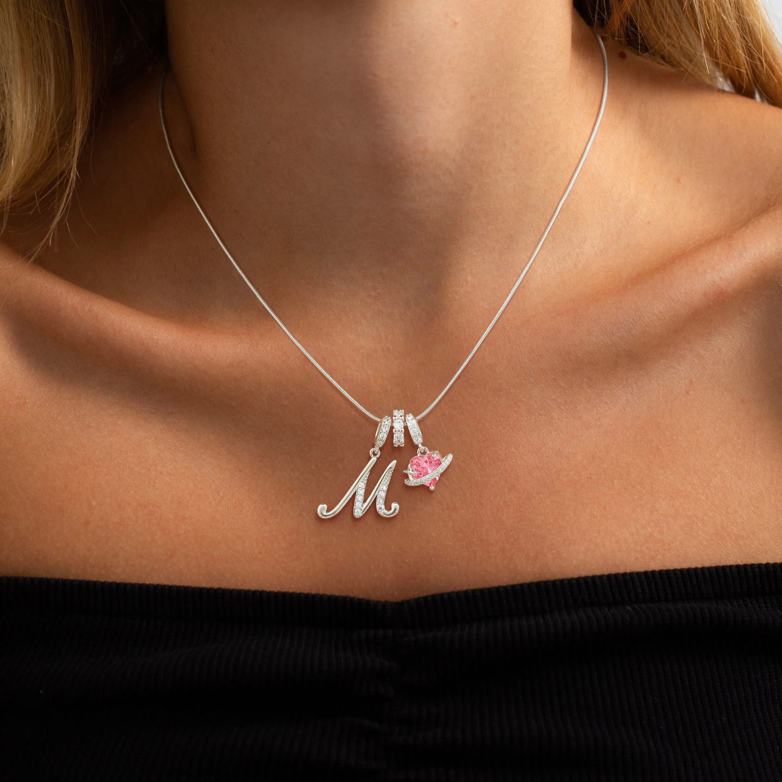 TEWIKY 925 Sterling Silver Layered Initial Necklace for Women, 3-Tier Snake Chain Choker with Pink Heart Zircon, Adjustable A-Z Letter Pendant, Silver Initial Necklace