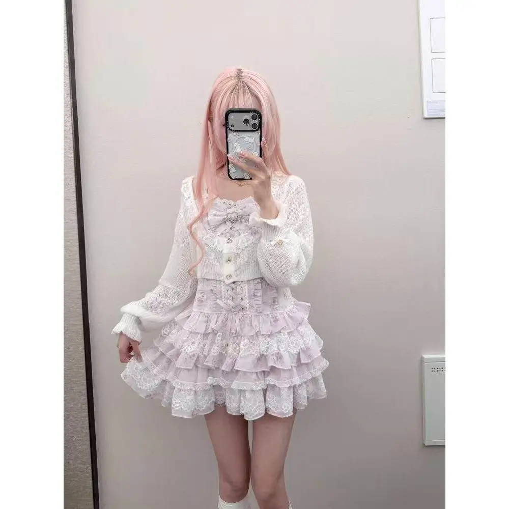 Japanese Sweet Lolita 2 piece Cardigan Lace Floral Dress Set Women Bowknot Ruffle Mini Dress Long Sleeve Knit Cover Up Outfit