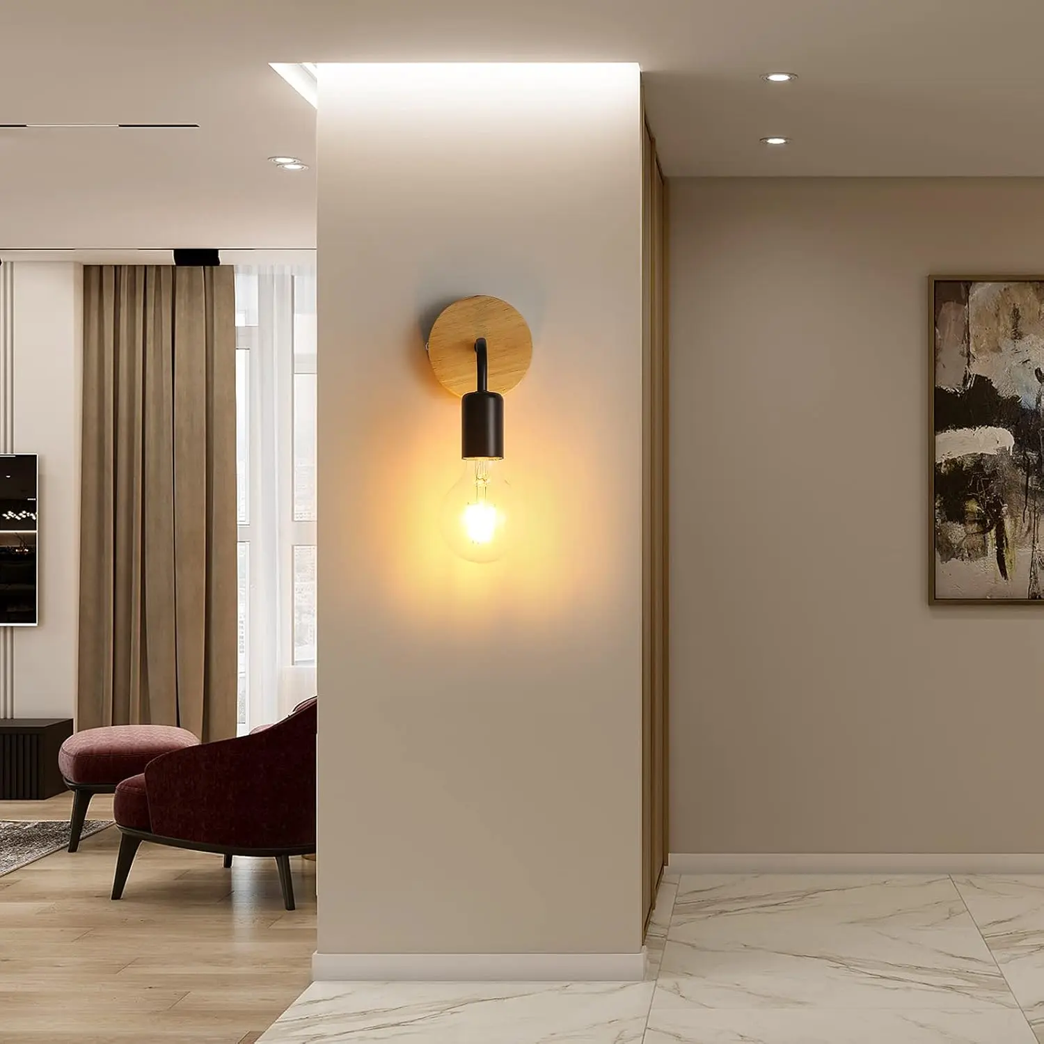 Vintage Wall Lamp with Wooden Interior, Metal and Wood Construction, E27 Socket, Ideal for Living Room, Bedroom, Hallway, Dining Area