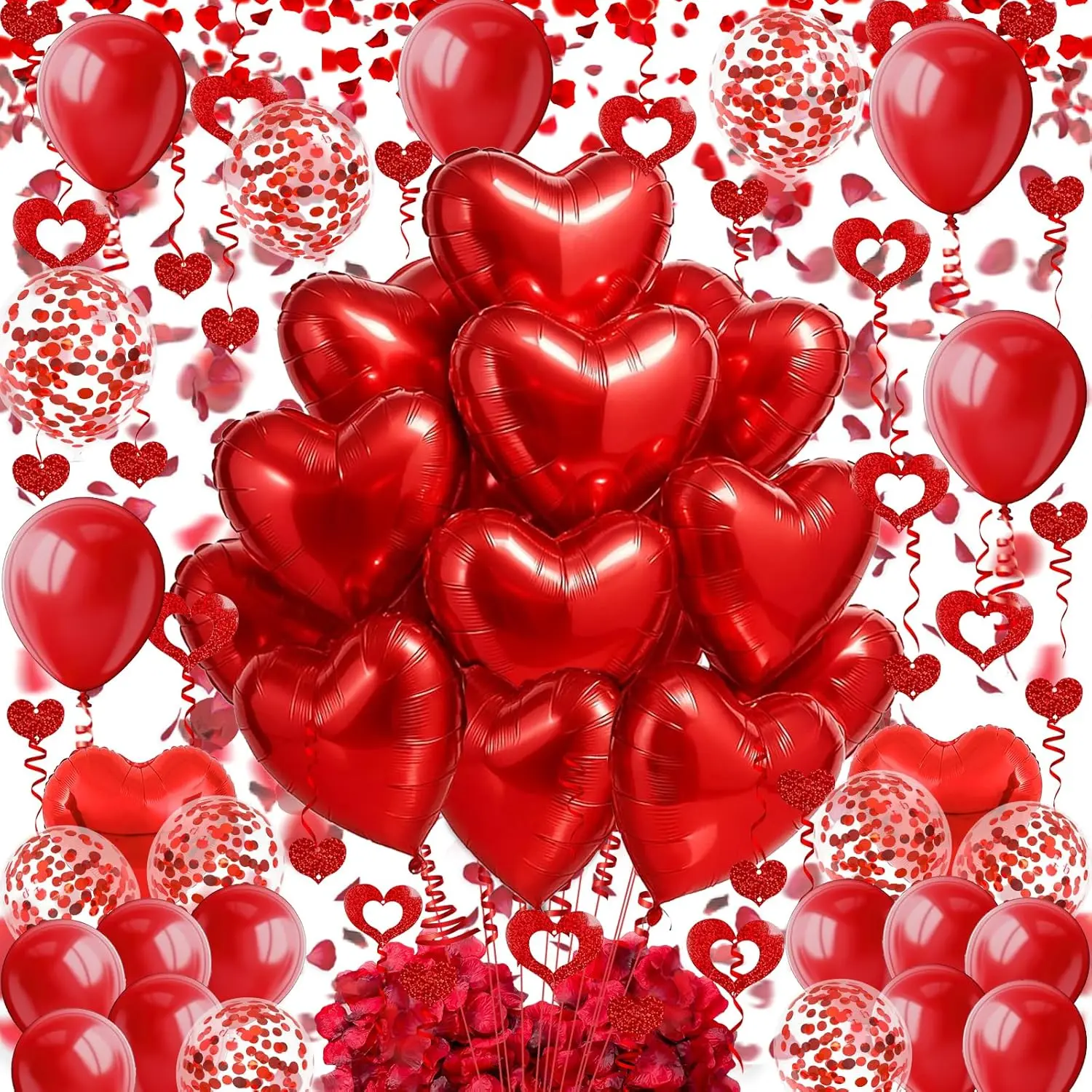 Heart-Shaped  Foil Balloon,Red Latex balloons,Confetti Balloon, Petals and  Streamer for Valentines Wedding Bridal Shower Anniversary Engagement Party Supplies Decorations
