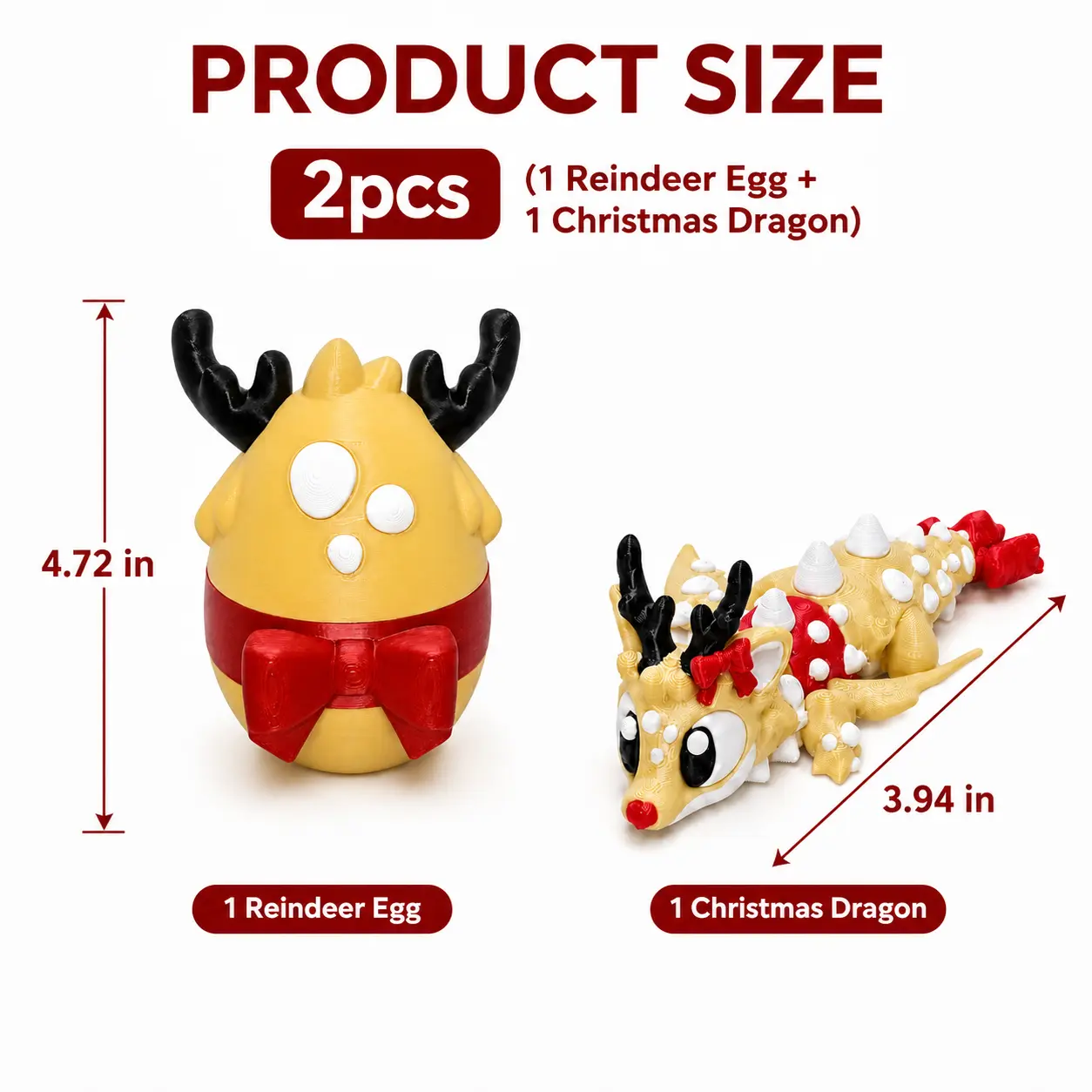 2PCS Boxed Small Plastic 3D Printed Christmas Dragon Ornament Set - Articulated Dragon with Reindeer Egg, Cute Holiday Desk Decor, Unique Stocking Stuffer Gift for Kids
