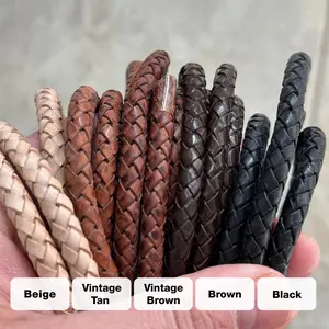 Braided Genuine Leather Cord 6 mm Round 1.1 Yards - Folded Bolo Real Leather Strap for Bracelet, Necklace, Bolo Tie, Craft and Jewelry Making