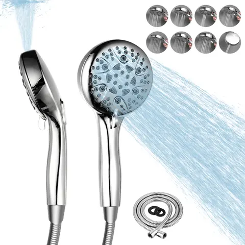 FEELSO Adjustable Wall-Mounted Hand Shower Set - Round High-Pressure Shower Head with 7 Spray Modes, Boost Button, Water-Saving Design, Easy Installation, Durable Metal Construction, Hose, Installation Instructions, Hardware, Jet Functionality