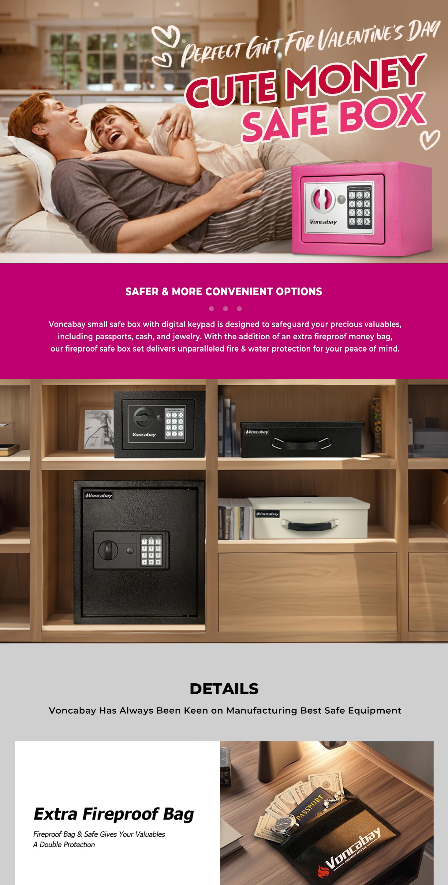 ​Voncabay Steel Mini Safe Box (9x6.6x6.5in) - Fits Anywhere! Favorite Mini Vault! Fireproof Bag (5x8in) Included - Perfect for Cash, Gold & Jewelry